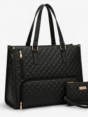 PACKUUM Quilted Work Tote Bag Laptop Lunch Black NWT